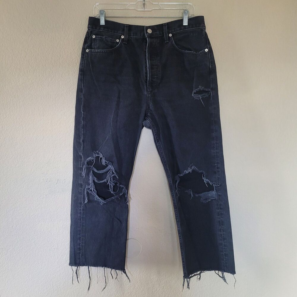 AGOLDE 90s Straight Jeans Size 30 Black High Rise Button Fly Distressed Raw Hem